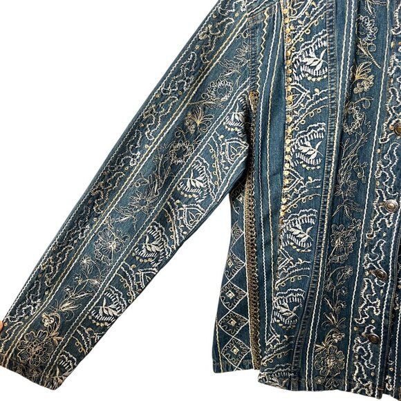 CHICO'S Denim Gold All Over Embroidered Sequinned Button Down Show Shirt Size M - Picture 2 of 10